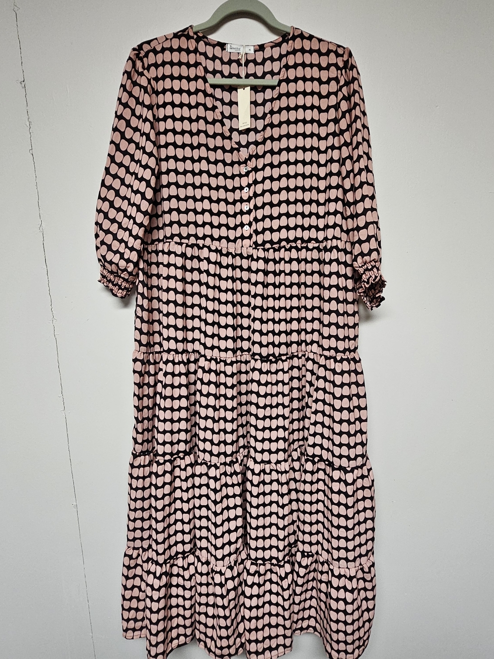 Beautiful Nomad Tiered Maxi Dress in Pink Deer Polka Dot Print Size XL Boho